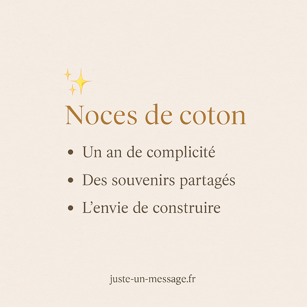 Visuel noces de coton avec une liste de 3 phrases symboliques sur fond beige élégant