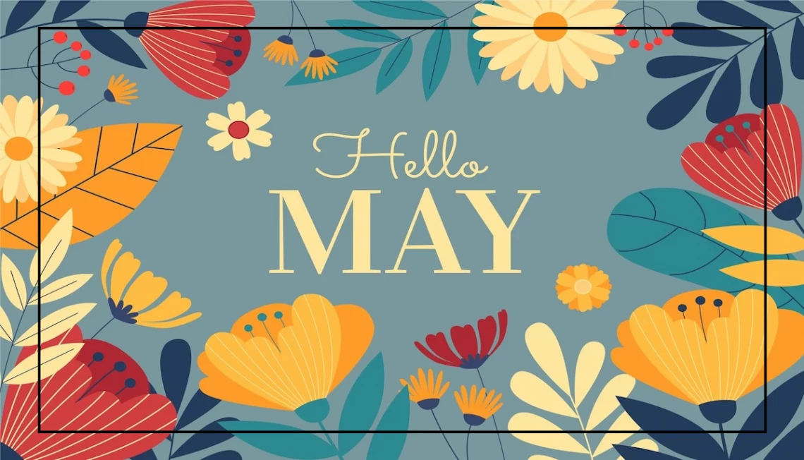 Illustration colorée avec des fleurs printanières et "Hello May" pour célébrer le mois de mai.