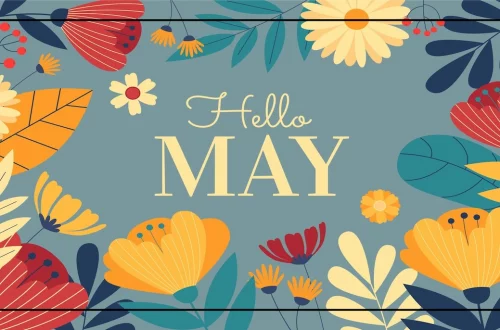 Illustration colorée avec des fleurs printanières et "Hello May" pour célébrer le mois de mai.