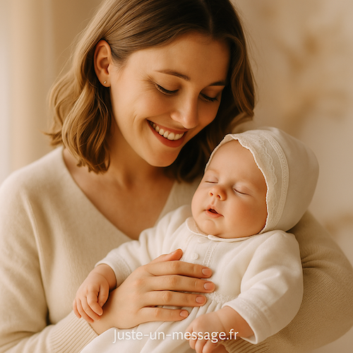 Maman berçant tendrement son bébé lors d’un baptême, moment d’émotion et de douceur.