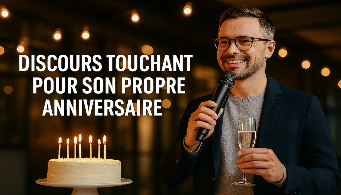 Homme prononçant un discours touchant pour son propre anniversaire, avec micro et coupe de champagne