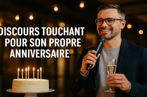 Homme prononçant un discours touchant pour son propre anniversaire, avec micro et coupe de champagne