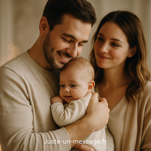 Famille réunie avec leur bébé juste après un baptême, sourire et amour partagé.