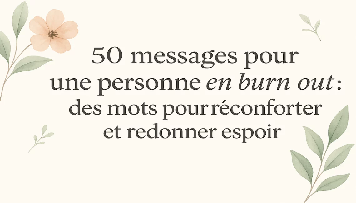 Illustration florale et végétale douce avec le titre « 50 messages pour une personne en burn out : des mots pour réconforter et redonner espoir