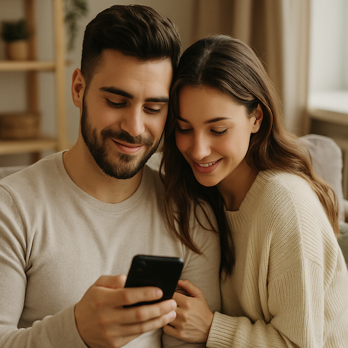 Femme souriant à son téléphone en lisant un message d’amour subliminal pour son homme