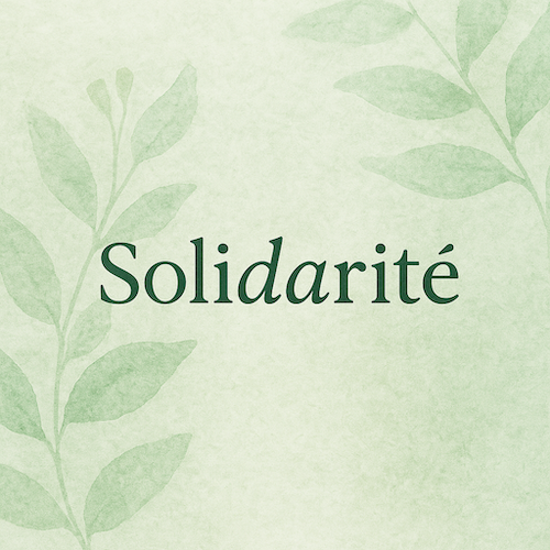 Image carrée minimaliste avec le mot « Solidarité » sur fond végétal vert, pour illustrer le soutien à quelqu’un en burn out