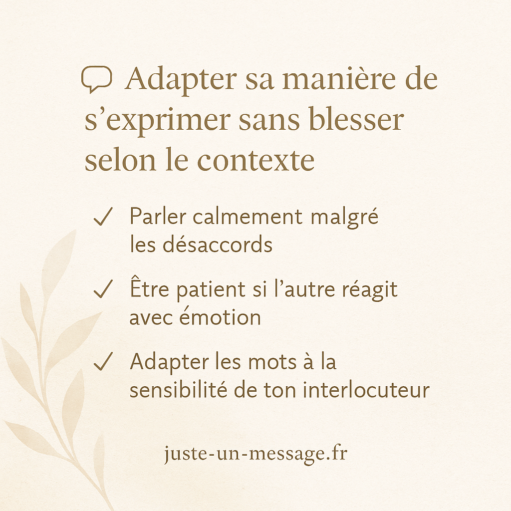 Visuel carré au ton naturel listant des conseils pour adapter sa manière de s’exprimer sans blesser, sur fond crème texturé.