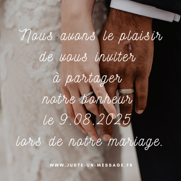 Nous avons le plaisir de vous inviter à partager notre bonheur le 9.08.2025 lors de notre mariage.